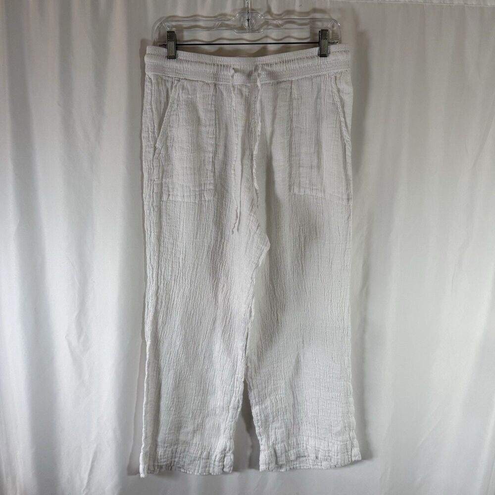 Sigrid Olsen 100% Linen Pants Women's Large White Pull On Drawstring Pockets
